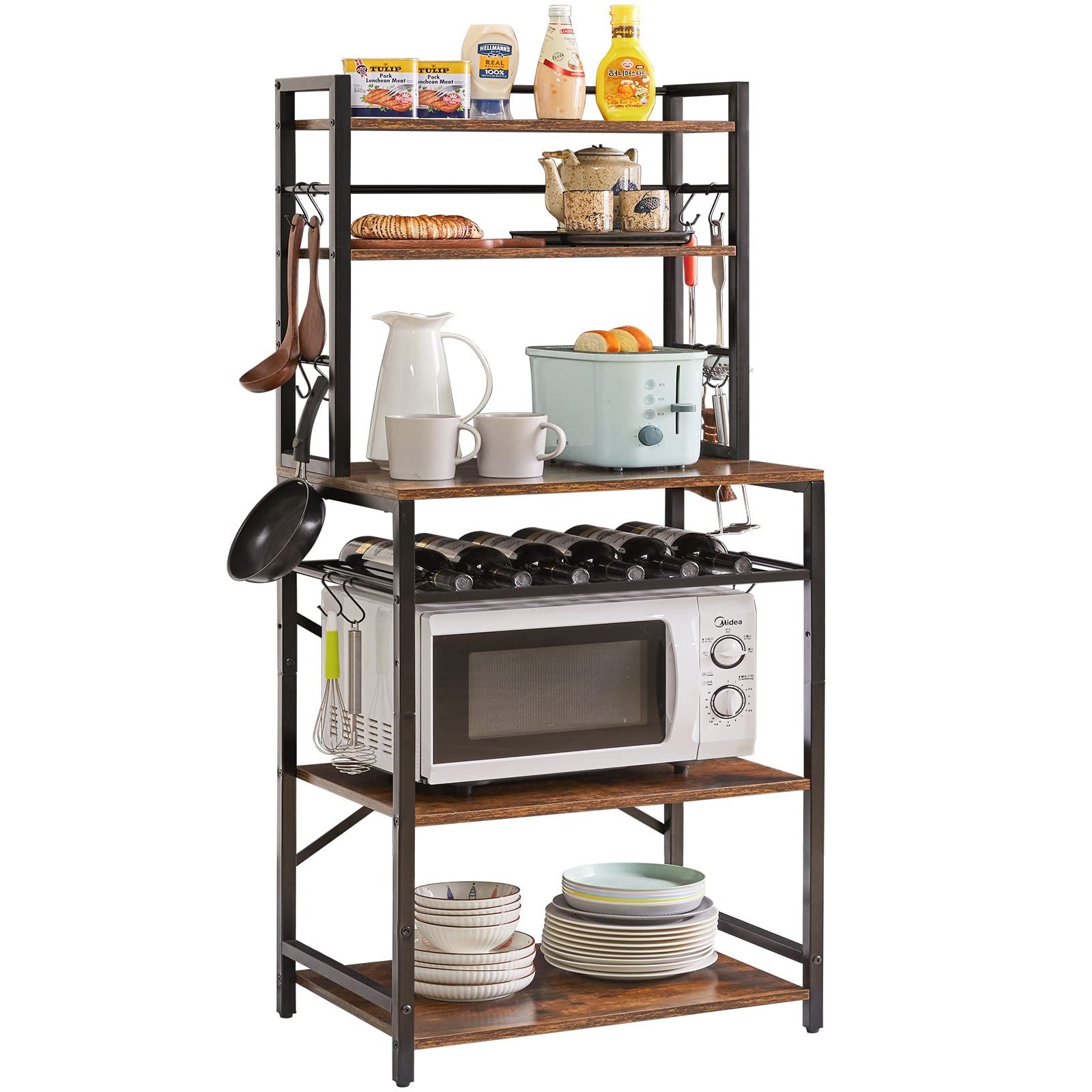 工業用コーヒー バー 大型レンジ対応 ステーション 6層 調節 なワイン ホルダーと12個Ｓ字ラックを付き レンジ台レンジボード 幅58×奥行39×高さ144cm 茶色 YMYNY JPHBR003H