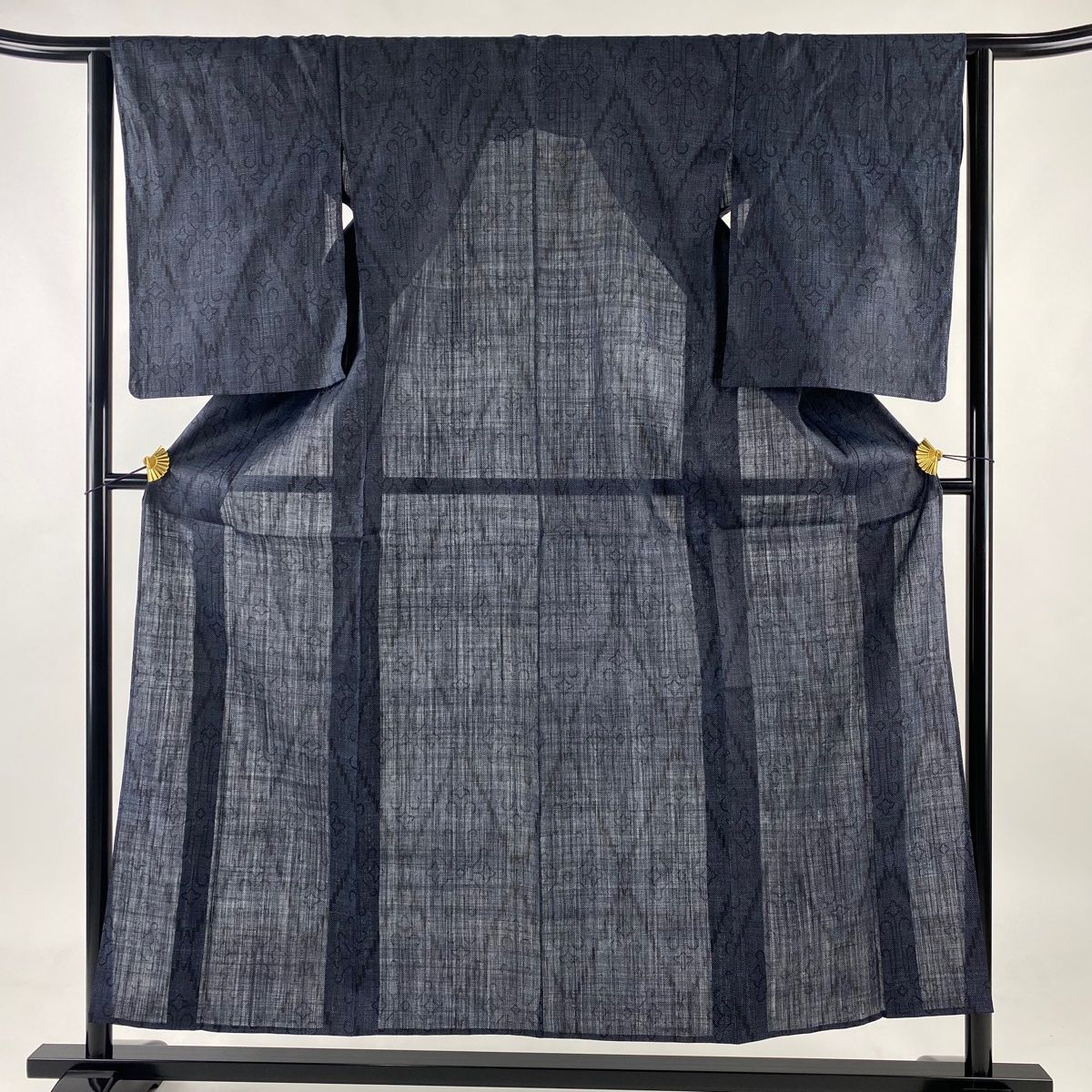 紬 身丈154cm 裄丈63cm S 薄物 夏紬 菱 幾何学 紺色 正絹 名品