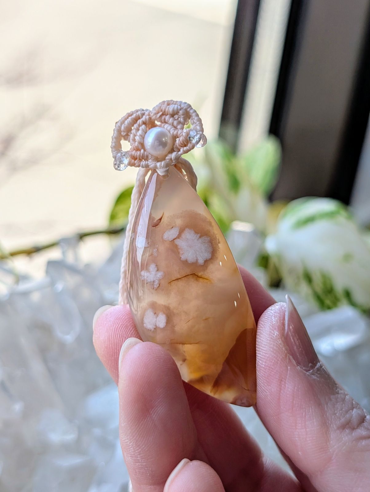 ☆チェリーブロッサムアゲート・桜瑪瑙☆マクラメ編みネックレス C 306