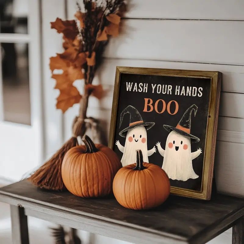 ハロウィーン スプーキー ゴースト 即 OK 木製 ウォール サイン - 素朴な手洗い BOO プラーク 魔女の帽子 ゴースト デコール 電気不要 多目的 吊り下げ アート ホーム キッチン バスルーム用 yunban581