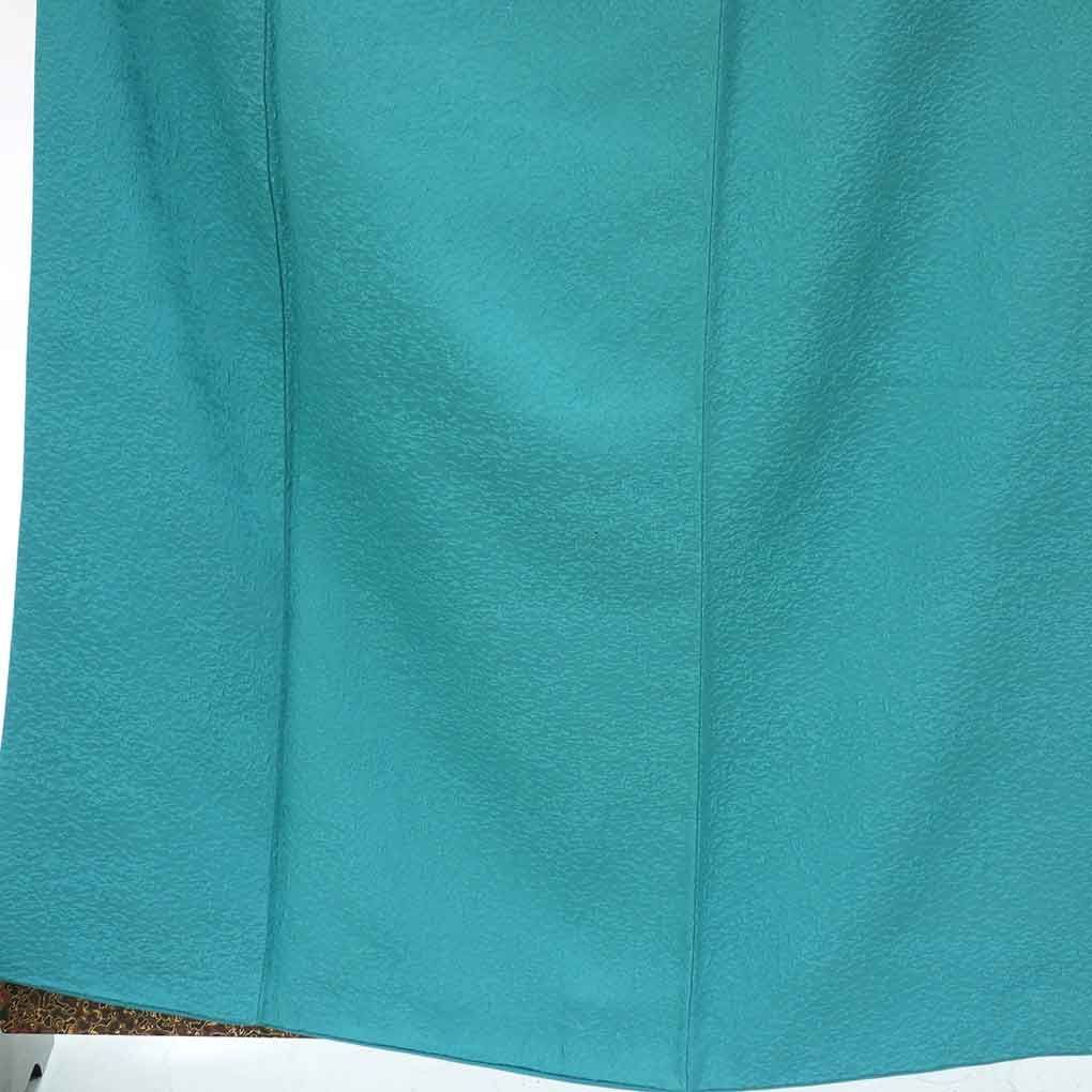 色無地 身丈162cm 裄67cm 前幅24cm 後幅29cm 袖丈49cm 袖幅34cm レディース 袷 無地 裄長 裄Lサイズ 秋冬春用 正絹 シルク グリーン リメイク リユース リサイクル 呉服のきくや