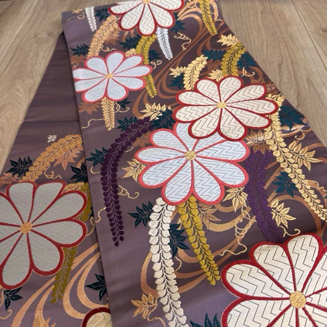 超美品 正絹 袋帯 六通 着物 和装 現代 藤色 金糸 唐織 薄紫 449