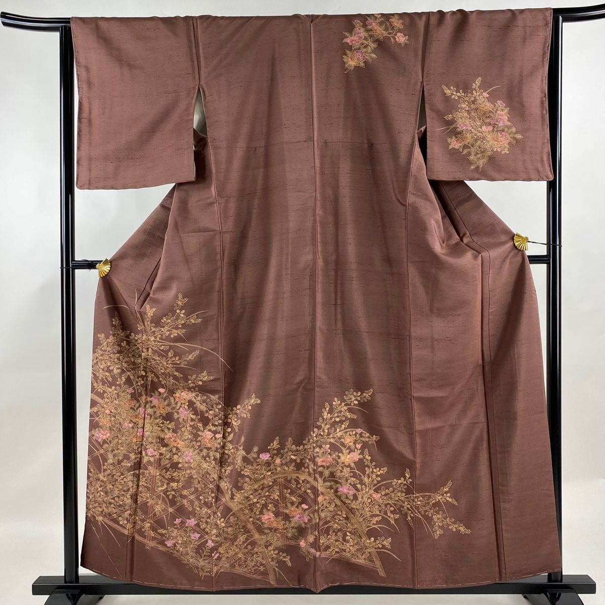 訪問着 身丈159cm 裄丈65cm M 袷 紬地 萩 枝花 金彩 小豆色 正絹 名品