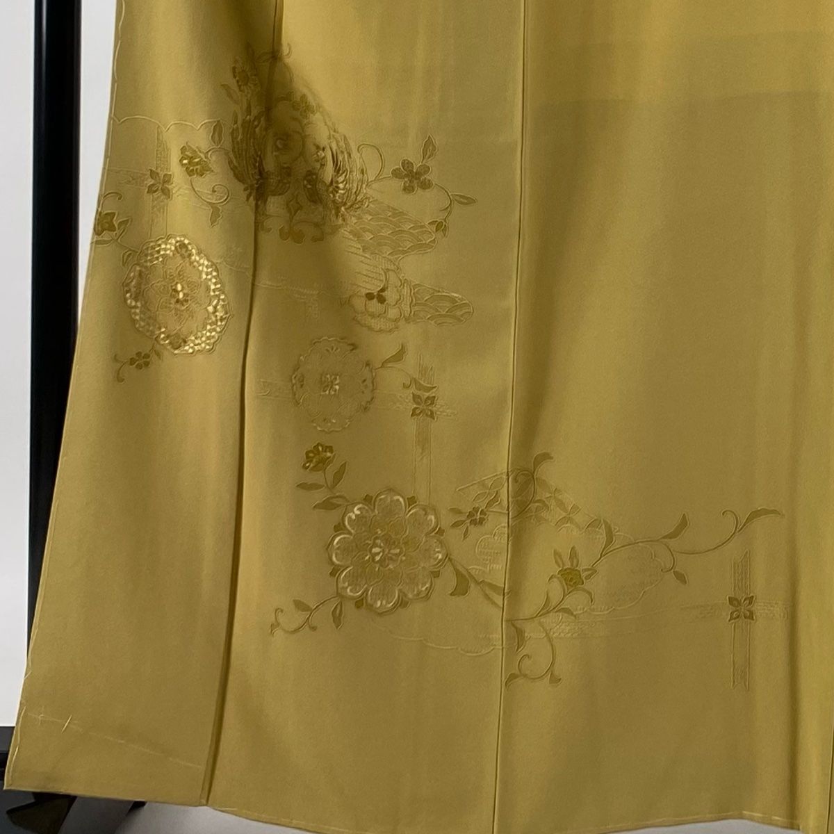 付下げ 身丈164cm 裄丈66cm M 袷 袋帯セット 向い鳥 華文 刺繍 ベージュ 正絹 秀品 一つ紋