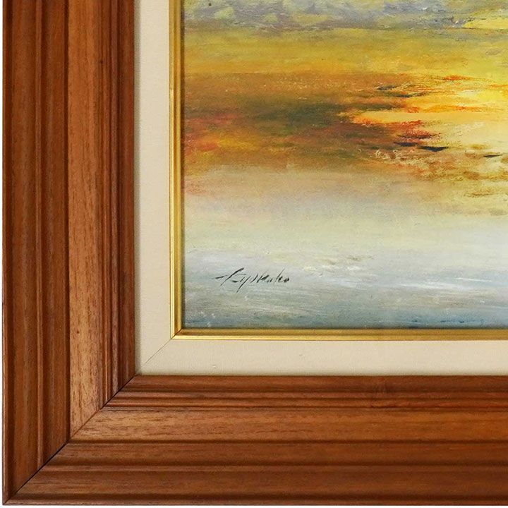 NO23. 岡田旭峰 作品名不明 油彩 洋画 朝 航海 ヨット 船 風景画 額