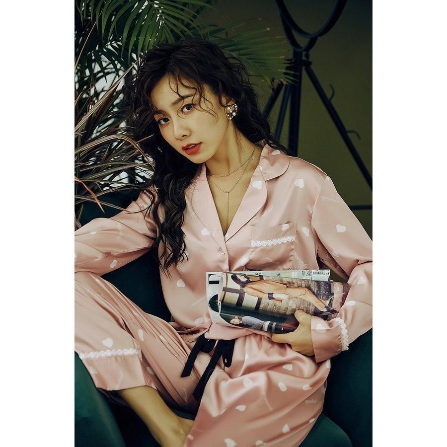 パジャマ 上下セット ルームウエア レディース ハート 部屋着 ルームウェア 長袖 長ズボン 前開き 襟つき 柄入り ポケットつき 女性用 婦人用 ナ