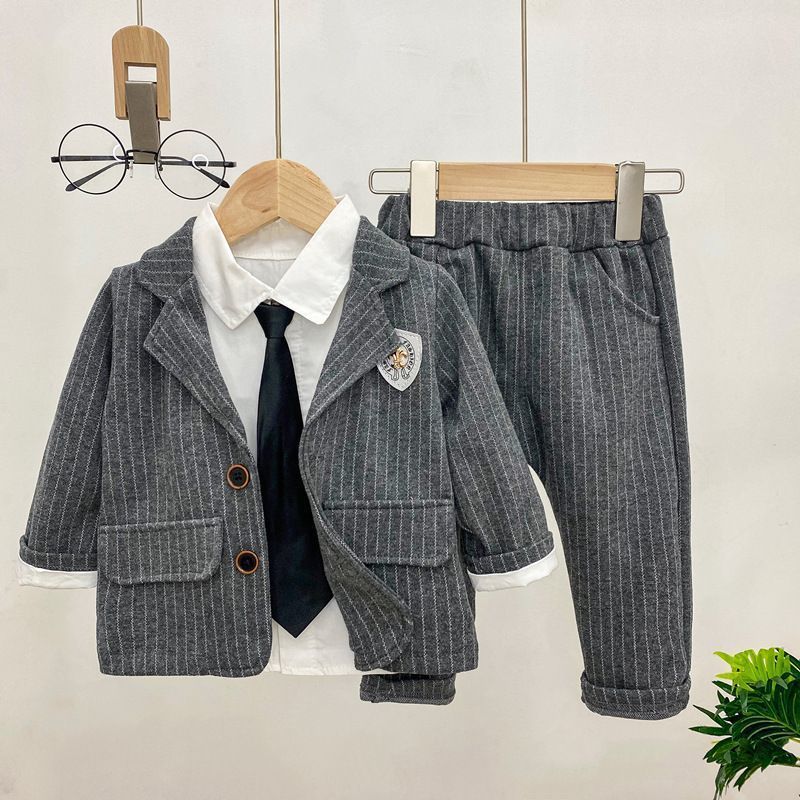 ベビースーツ フォーマル 男児スーツ スーツ 男の子 キッズ フォーマル 子供 スーツ 3点セット 紳士服 男の子 ジャケット＋シャツ+ズボン タキシード ストライプ柄 ゴムウェスト子供服 七五