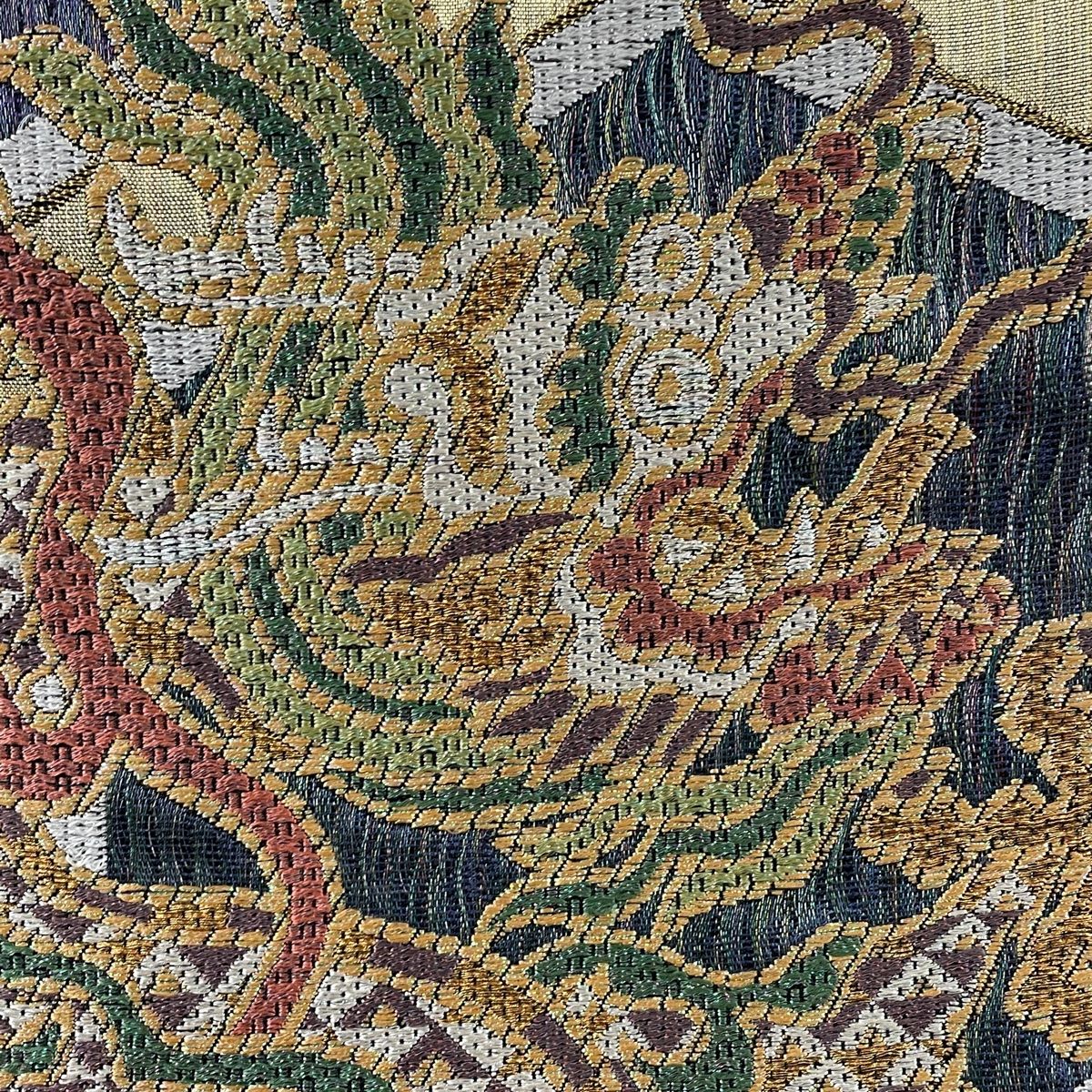 袋帯 美品 逸品 龍 亀甲 箔 ラメ糸 灰紫 六通 正絹 中古（袋帯