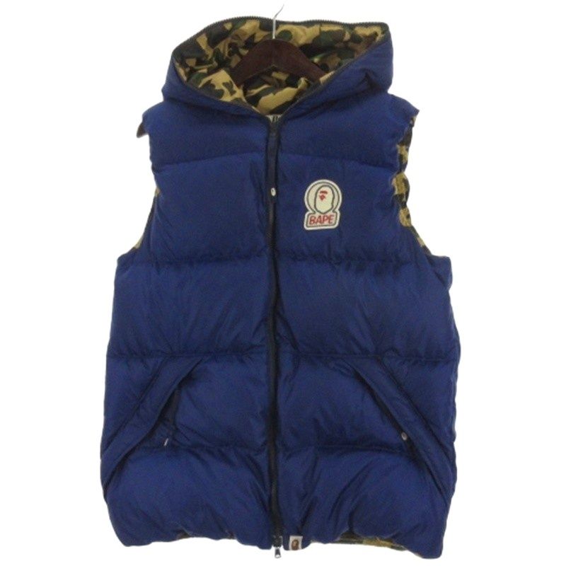 A Bathing Ape ダウンベスト L 青 カモフラージュ アベイシングエイプ A BATHING APE ダウンベスト フーディ ジップ 裏地