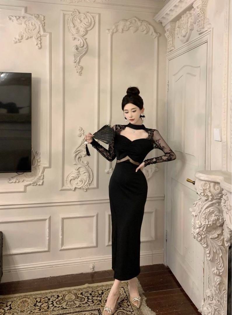 【美しいレースが特徴】ドレス　ひざ丈　セクシーなカットラインと切り替えレース 美しいレースが特徴】ドレス ひざ丈 セクシーなカットラインと