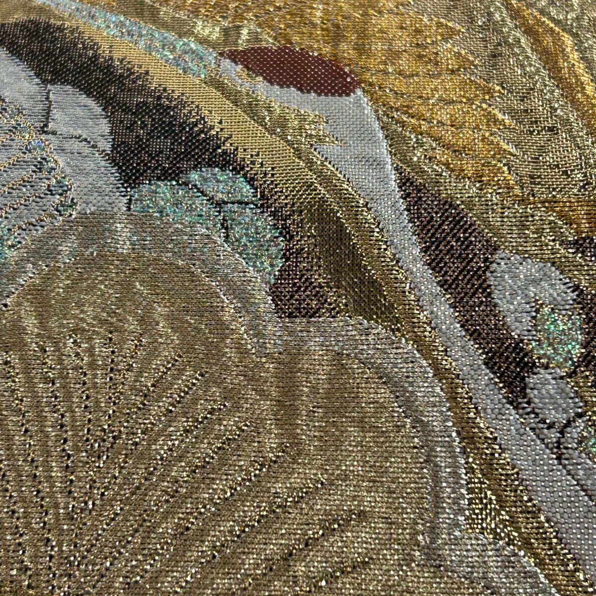袋帯 美品 秀品 松寿鶴飛翔文 金糸 箔 茶色 六通 正絹 【中古