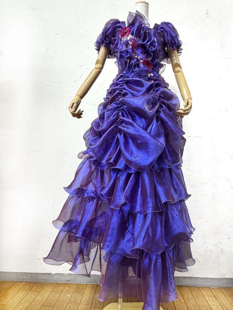 ステージ衣装 カラオケ パープル フリル付きドレス 花モチーフｄ283