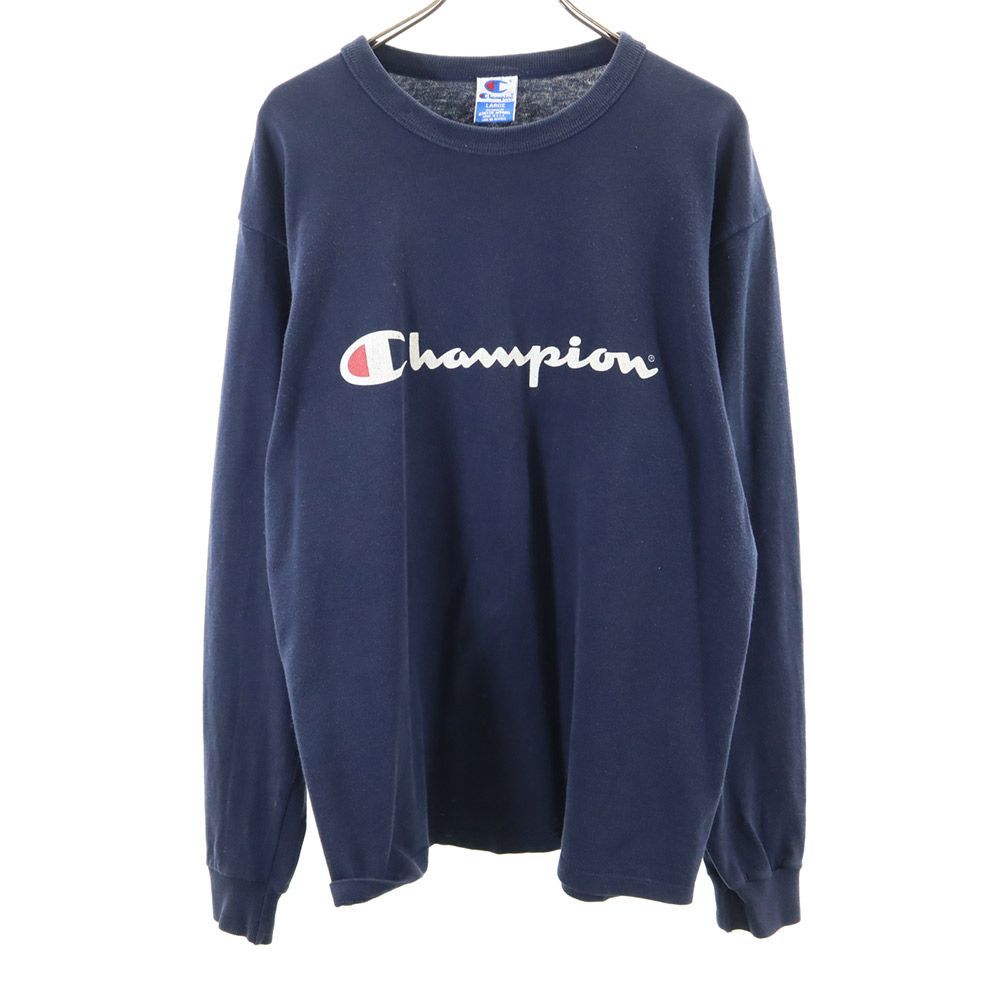 チャンピオン 90s 後期 USA製 プリント 長袖 Tシャツ L ネイビー