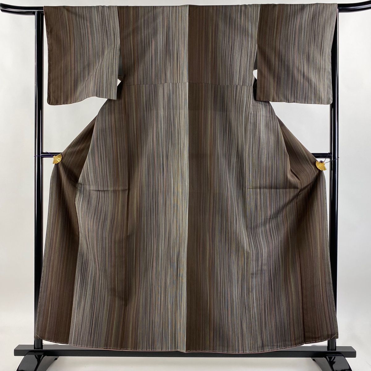 紬 身丈158cm 裄丈64.5cm M 袷 縦縞 焦茶色 正絹 美品 逸品