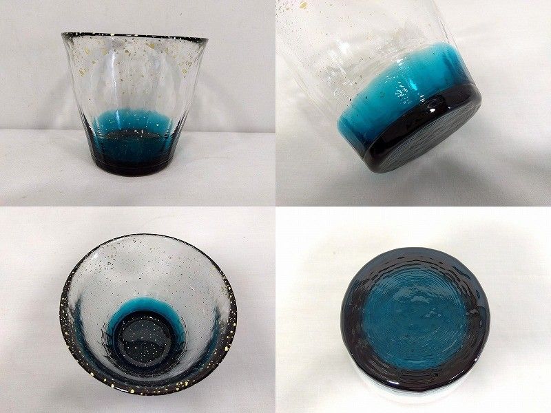 s25g-773k【中古】津軽びいどろ 金彩 氷華 碧 ロックグラス 箱