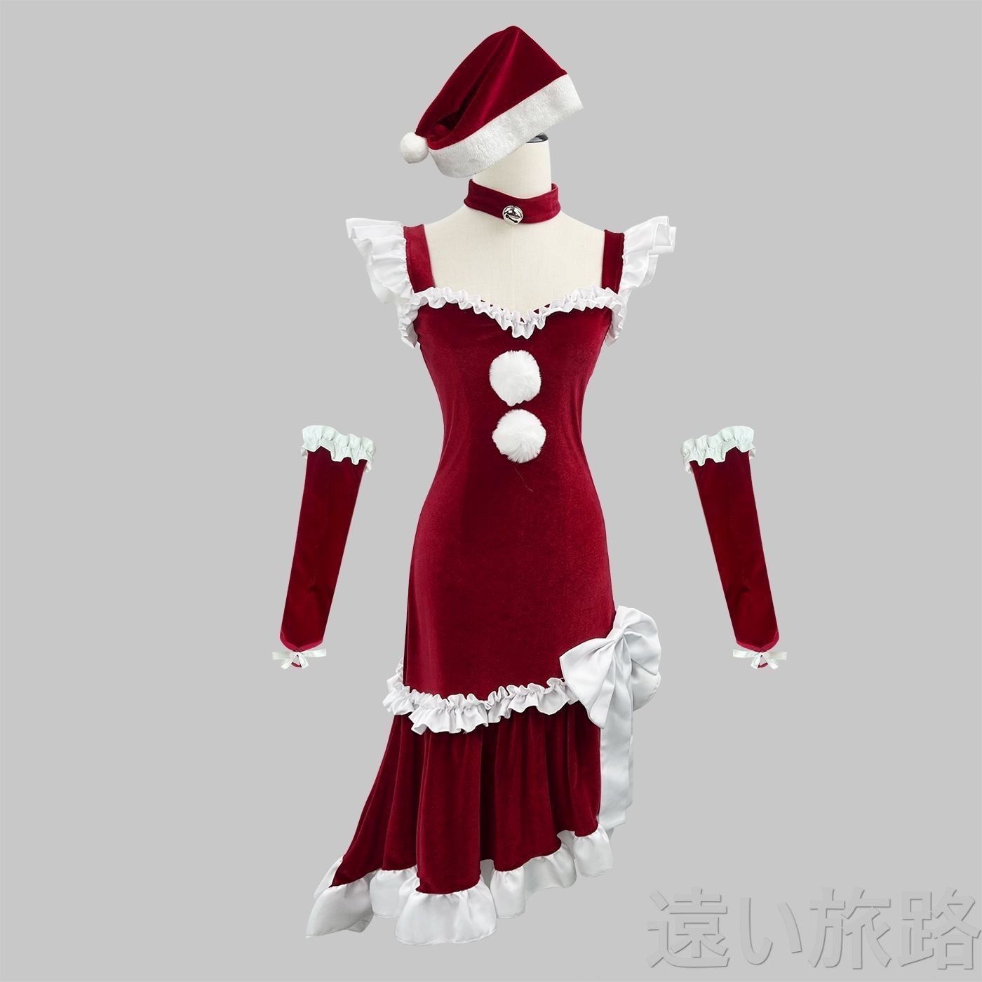 ?【新作オリジナル】? サンタ風ロリータコスプレワンピース ?? 酒紅色 サンタ帽＆リボン装飾付き フリルエプロン＆袖カバーセット 撮影 / イベント / ハロウィン / クリスマス