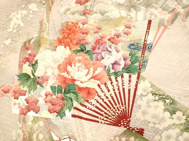 豪華振袖 裄67.5 扇子に花 美しい染め 正絹 T-400 平和屋着物□豪華振袖 扇子草花文 暈し染め 金彩 正絹 逸品