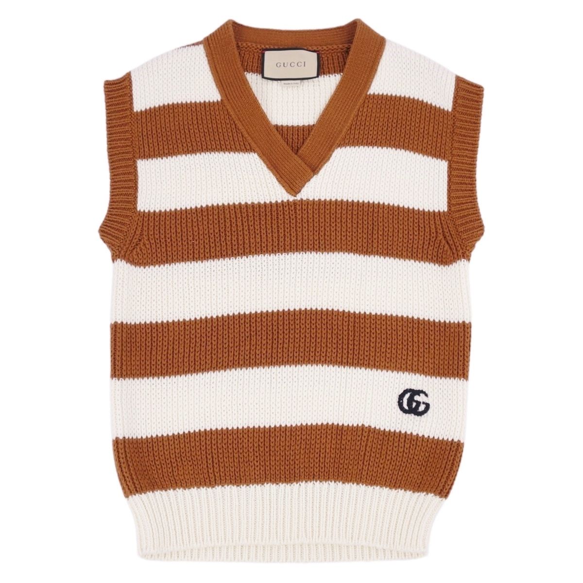 極美品 グッチ GUCCI ニット セーター 22AW ノースリーブ ベスト ボーダー柄 GG ウール トップス レディース XXS ホワイト/ブラウン 極美品 グッチ GUCCI ニット セーター 22AW ノースリーブ ベスト