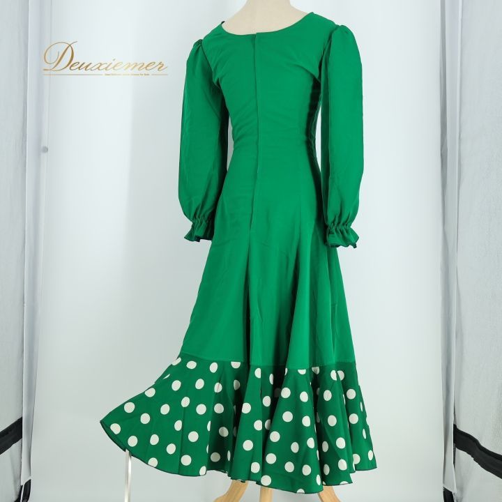 フラメンコドレス 黒と緑のドット柄 ハイウエストベルト付 フラメンコ