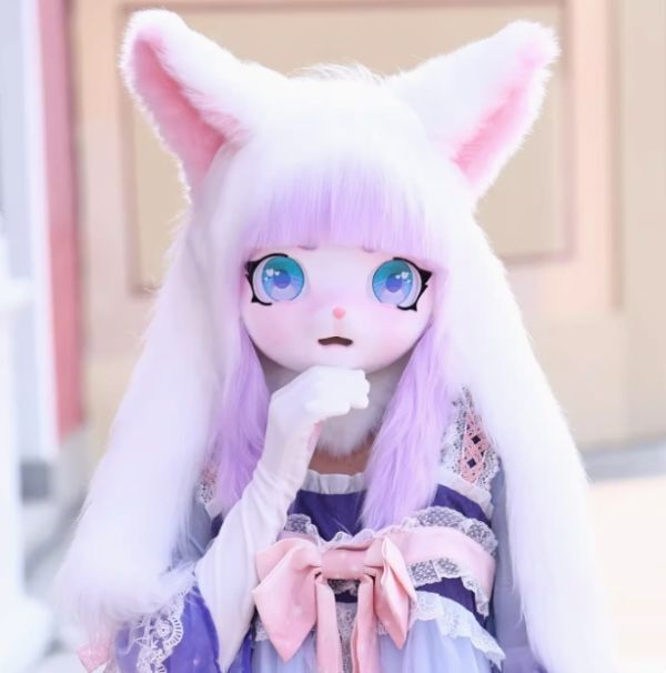 着ぐるみヘッド 猫 口開け 白と紫 全頭ヘッド ケモノ マスク ファースーツ ぬいぐるみ コスプレ コスチューム - メルカリ