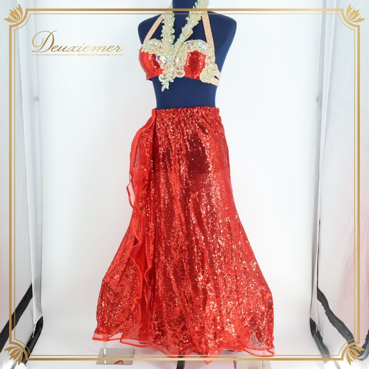 ベリーダンス用 オリエンタル衣装】レッド ラインストーン 赤 シルバー