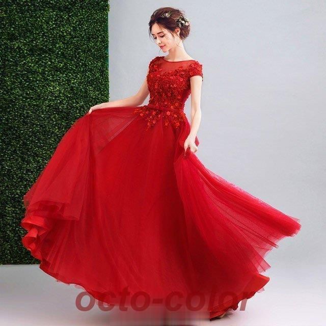 イブニングドレス50代ロングドレス赤袖ありパーティードレスロング丈V