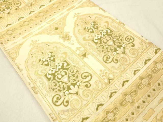 D 夏物 唐織 唐草唐花模様 金糸 六通 正絹 薄物 絽 紗 フォーマルな袋帯 袋帯 リサイクル フォーマル 正絹 西陣 金糸 銀通し 淡グリーン
