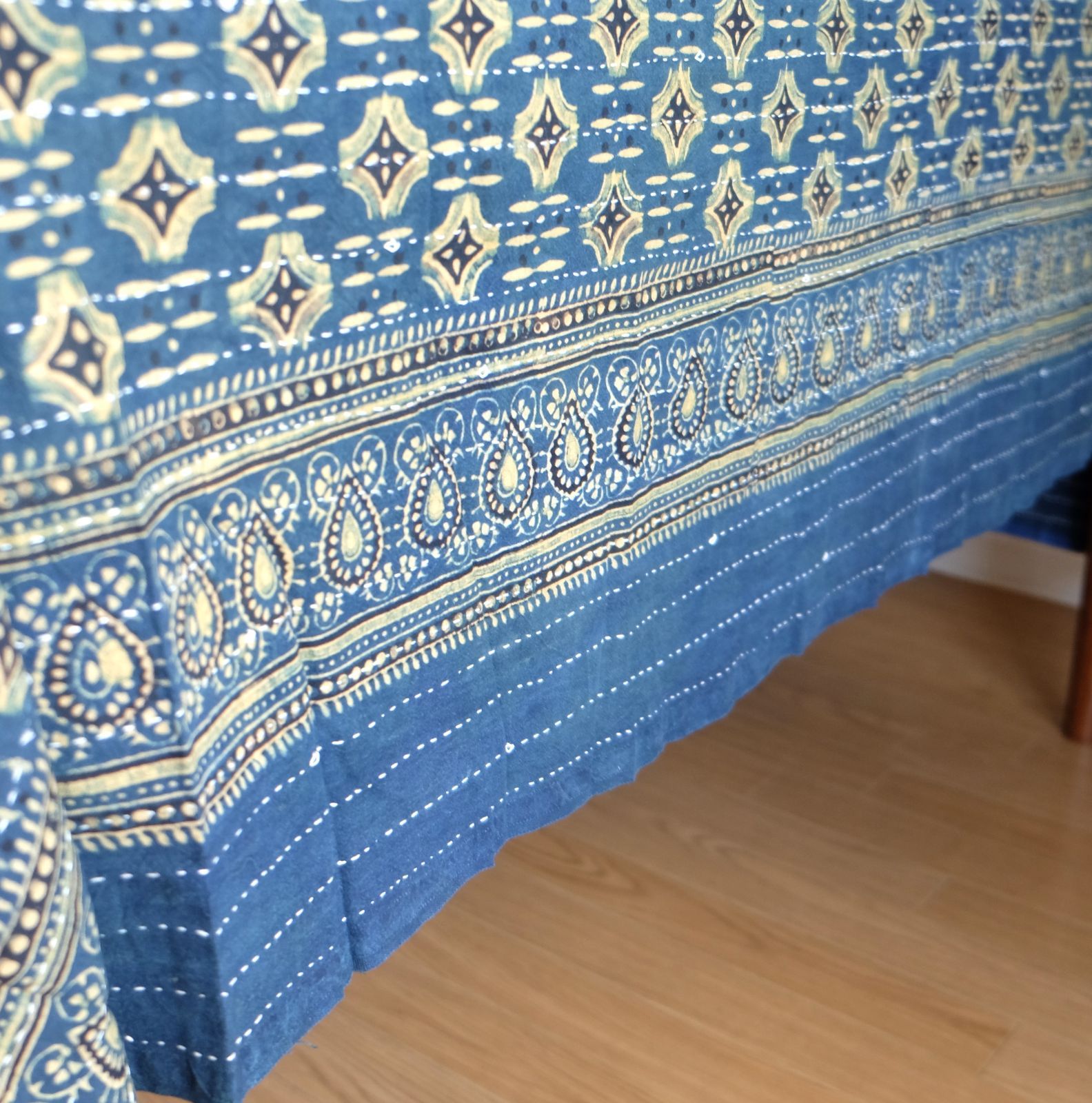 マルチクロス 刺し子 約145×235cm インド綿 ブロックプリント アジュラック ターコイズ×草木 NEXPOTALLINN_EU