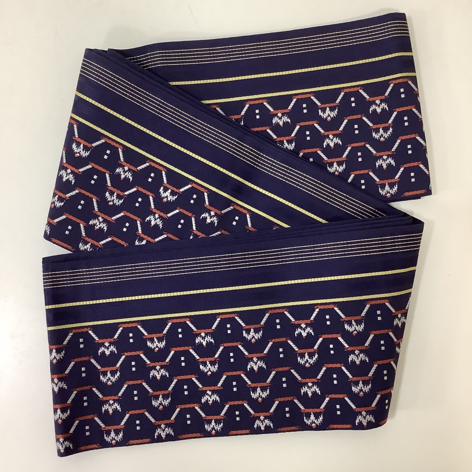 本場筑前 博多織 小袋帯 半幅帯 両面 絹100％ 正絹 証紙付き 井上絹織 紺地 う251006-2