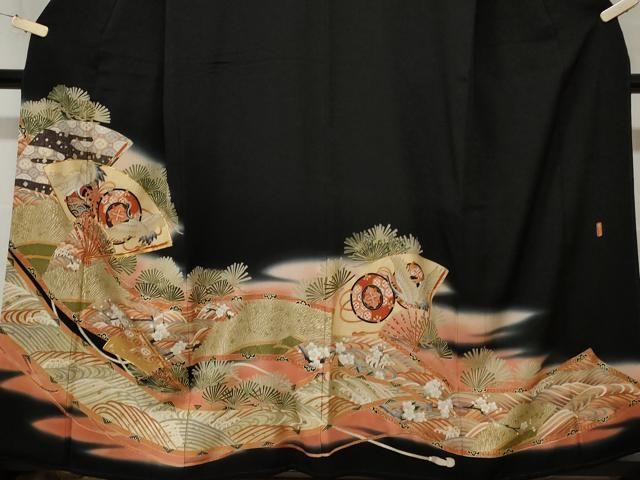 平和屋着物□豪華黒留袖 駒刺繍 萬寿染 鼓 扇面飛鶴文 暈し染め 金彩