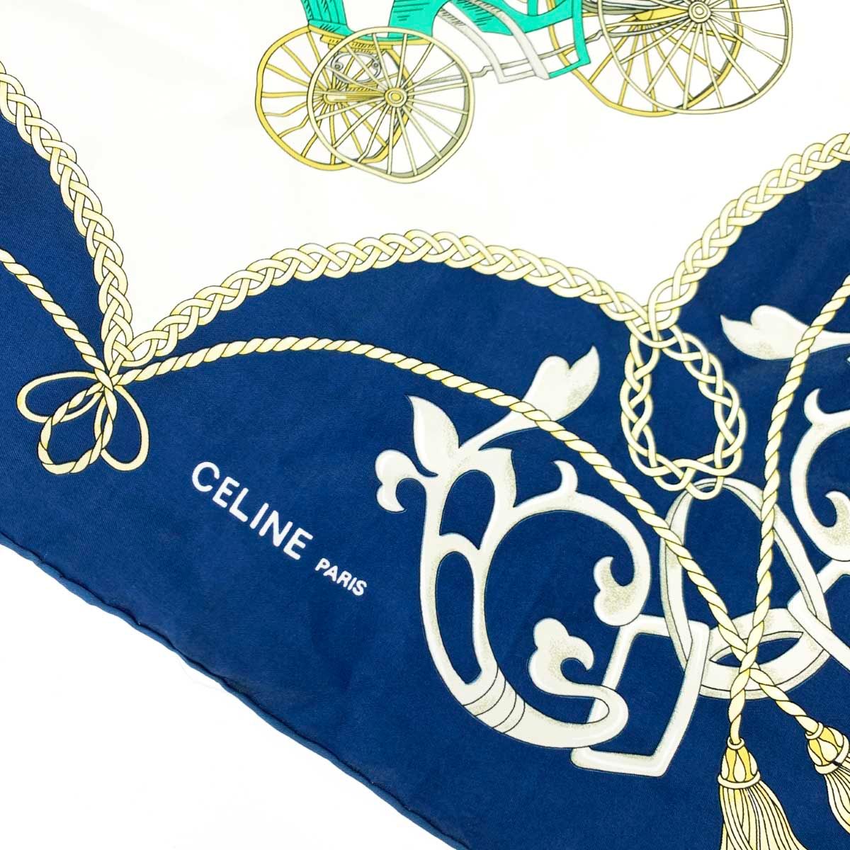 CELINE セリーヌ スカーフ ホワイト×ブルー シルク100
