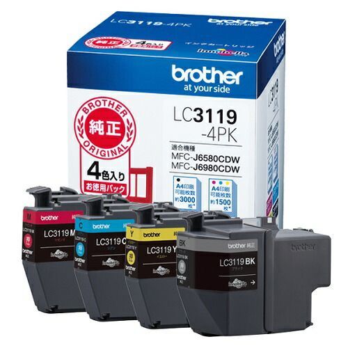 【クーポン配布】【単品】 インクジェットカートリッジ ブラザー インクジェットカートリッジ LC3119-4PK 4977766769495 ●対応機種：ＭＦＣ−Ｊ６９８０ＣＤＷ／Ｊ６５８０ＣＤＷ●種別：純正 ※顔料。但し、マゼンタには一部染料が含まれていま