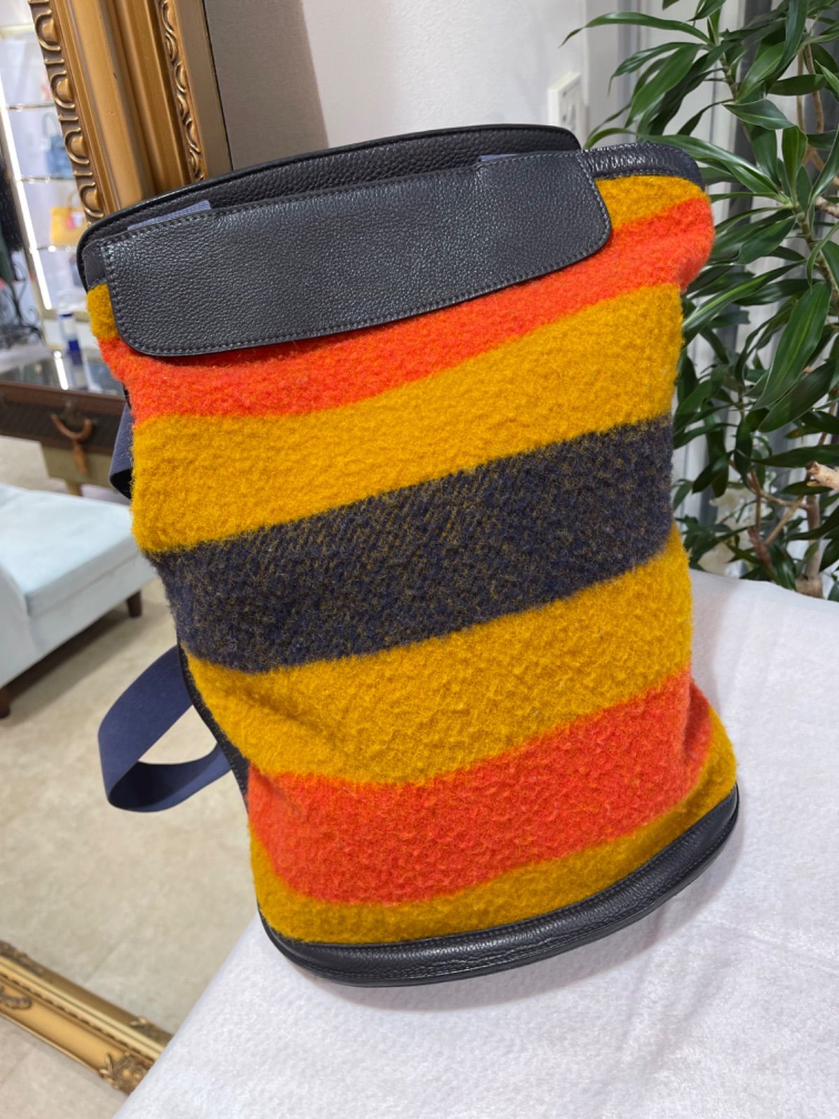 【美品】HERMES エルメス シェルパGM ロカバール ウール×レザー オレンジ×イエロー×ネイビー ヴィンテージ 中古 リュックサック バックパック デイパック ショルダーバッグ ハンドバッグ レディース 女性用 ブランド 本革 レザー 希少 レア バック