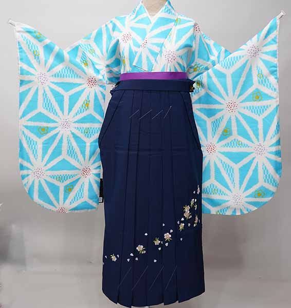 二尺袖 着物 袴フルセット ジュニア用へ直し 135cm～150cm 小紋柄 水色 麻の葉 袴変更可能 卒業式 NO41412-02