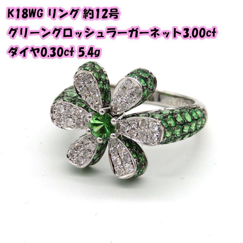 リング K18WG グリーングロッシュラーガーネット3.00ct ダイヤモンド