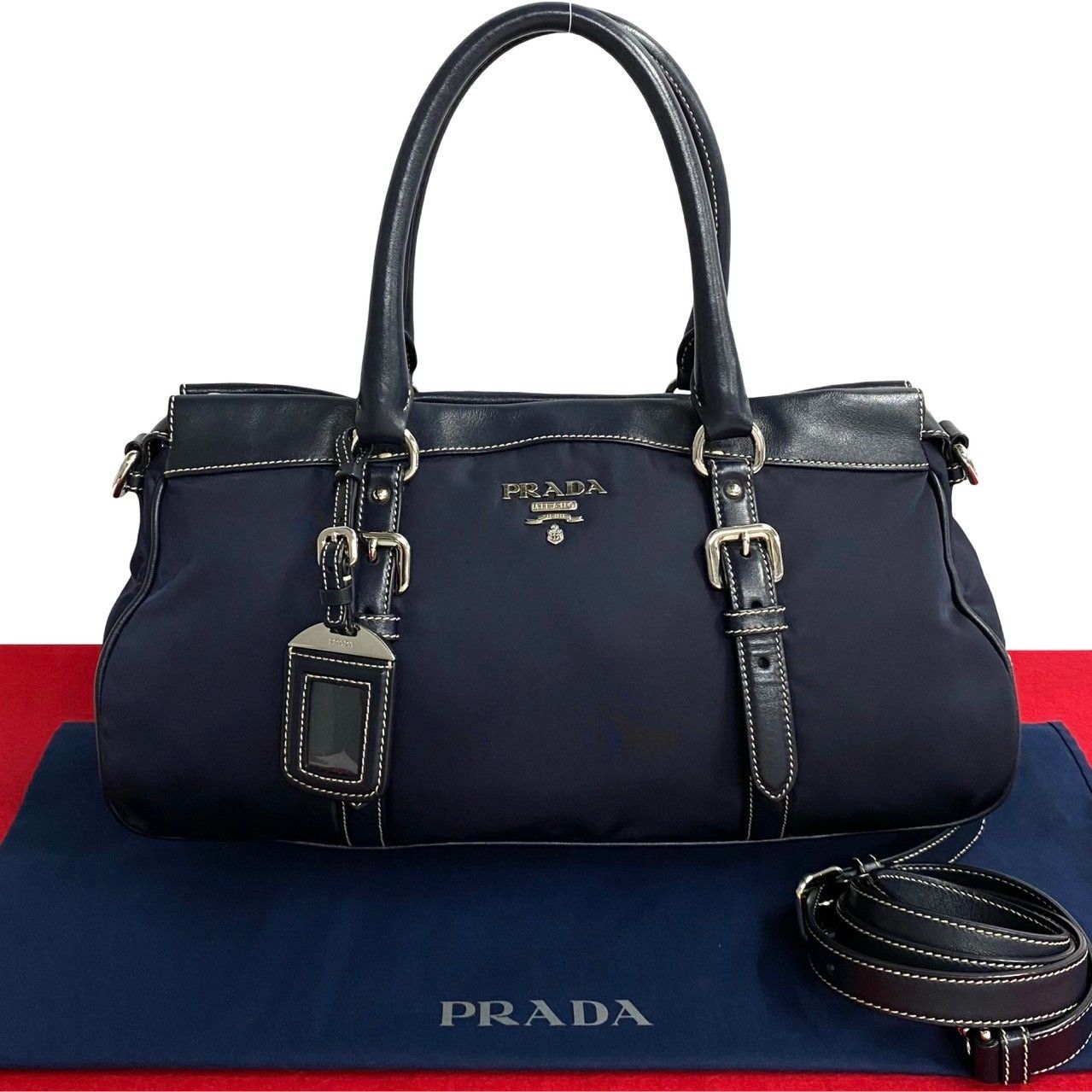 ほぼ未使用 PRADA プラダ ロゴ 金具 ナイロン レザー 本革 2way ハンドバッグ ミニ ボストンバッグ ショルダーバッグ ネイビー  01559 - メルカリ