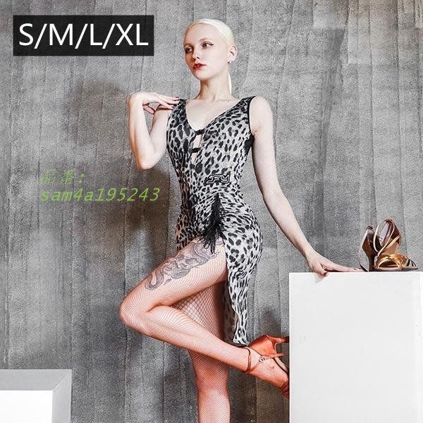 社交ダンス ドレス ダンスドレス ダンスウェア チャチャチャ ルンバ ヒョウ柄 ワンピース スリットネック ステージ衣装 袖なし 練習着 サンバ am4a195243