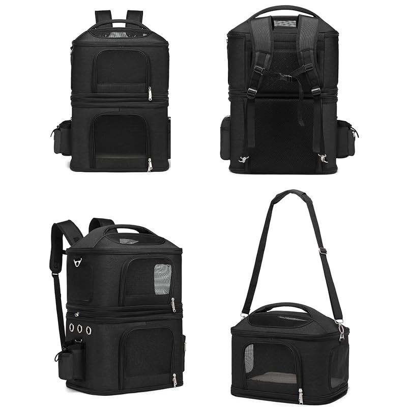 CHINSUKIDA 猫 2匹 リュック 分離可 キャリー 2層 ペット キャリーバッグ 小型犬 ソフトクレート 折りたたみ可 マット付き 2way 通院用 ブラック 1