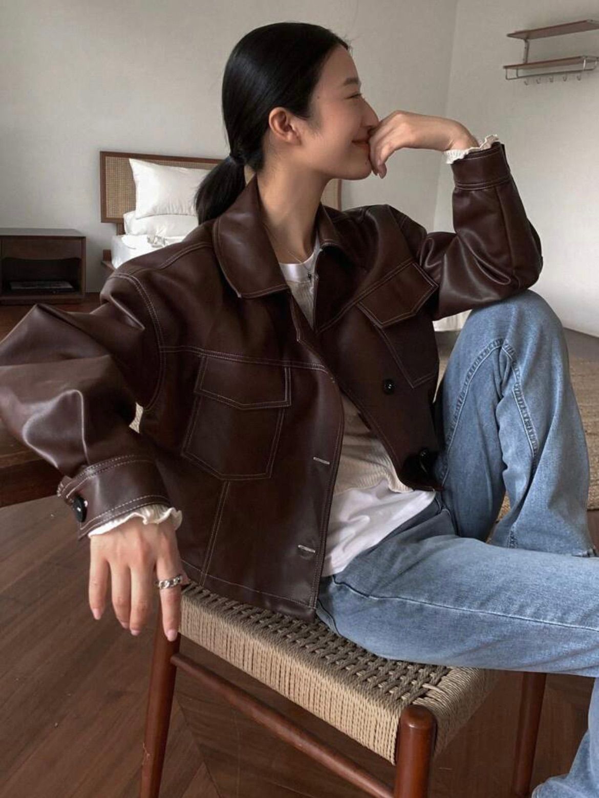 新品未使用ダークブラウンフェイクレザージャケット - メルカリ