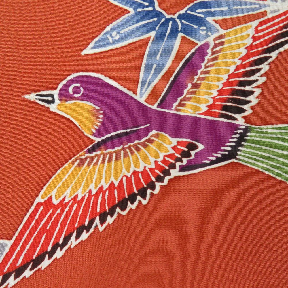 振袖 正絹 薄茶色x多色 型染め 風景に花鳥紋様 袷 広衿 成人式 卒業式