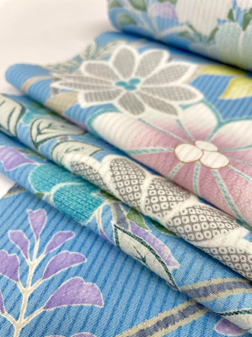 小紋 型友禅 紋意匠 全体柄 浜ちりめん 勿忘草色 正絹 反物 - メルカリ