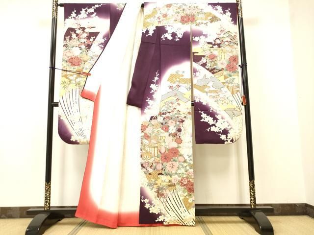【y0626】Ｓ大きいサイズお仕立て上がり正絹振袖　多色地に花、御所車模様 y0626】S大きいサイズお仕立て上がり正絹振袖 多色地に花