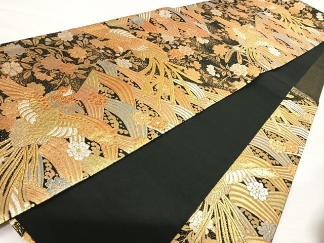 ［4892］袋帯 唐織 鳳凰草花文様 金銀糸 六通 正絹 着物 黒 フォーマル 4892］袋帯 唐織 鳳凰草花文様 金銀糸 六通 正絹 着物 黒 フォーマル