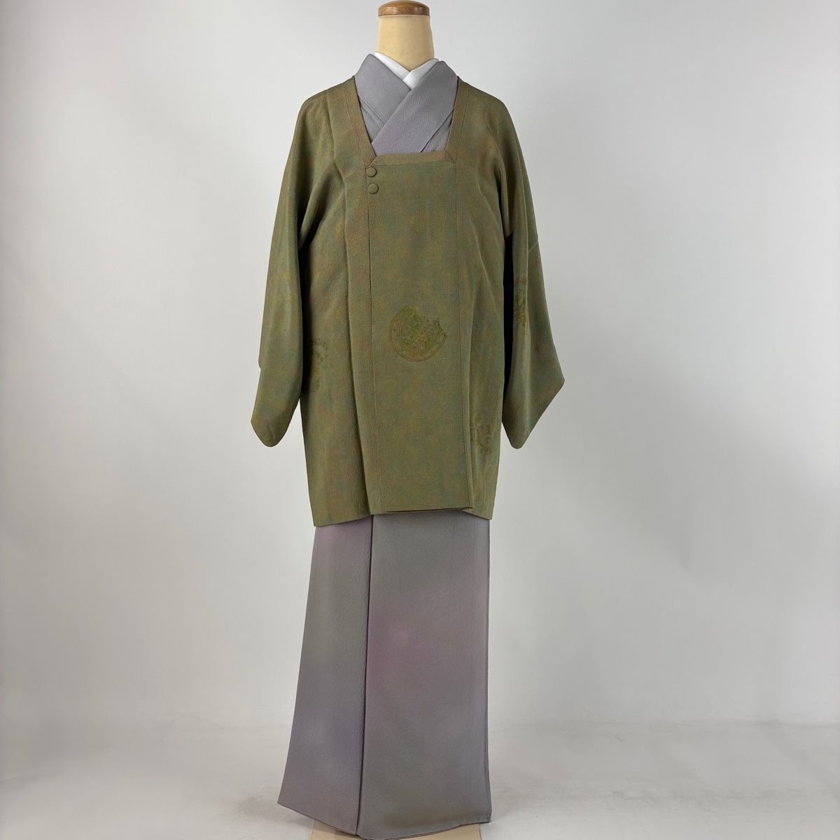 道行 身丈82cm 裄丈62cm S 和装コート 角衿 鏡裏文 ぼかし 灰緑 正絹 秀品