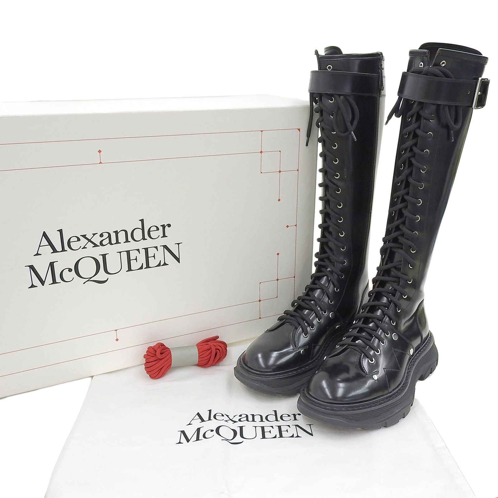 Alexander McQueen アレキサンダーマックイーン 595466 サイドジップ レースアップ レザー ロングブーツ ブラック 39 箱 保存袋付き レディース