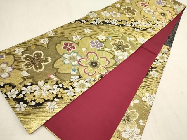 平和屋着物▽振袖用六通柄袋帯 舞桜文 金糸 正絹 逸品