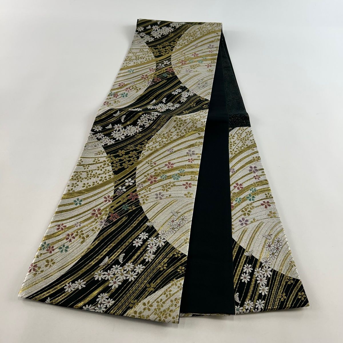 競ナビ】 袋帯 美品 秀品 桜 菊 水色 六通 正絹 【中古】 袋帯 秀品