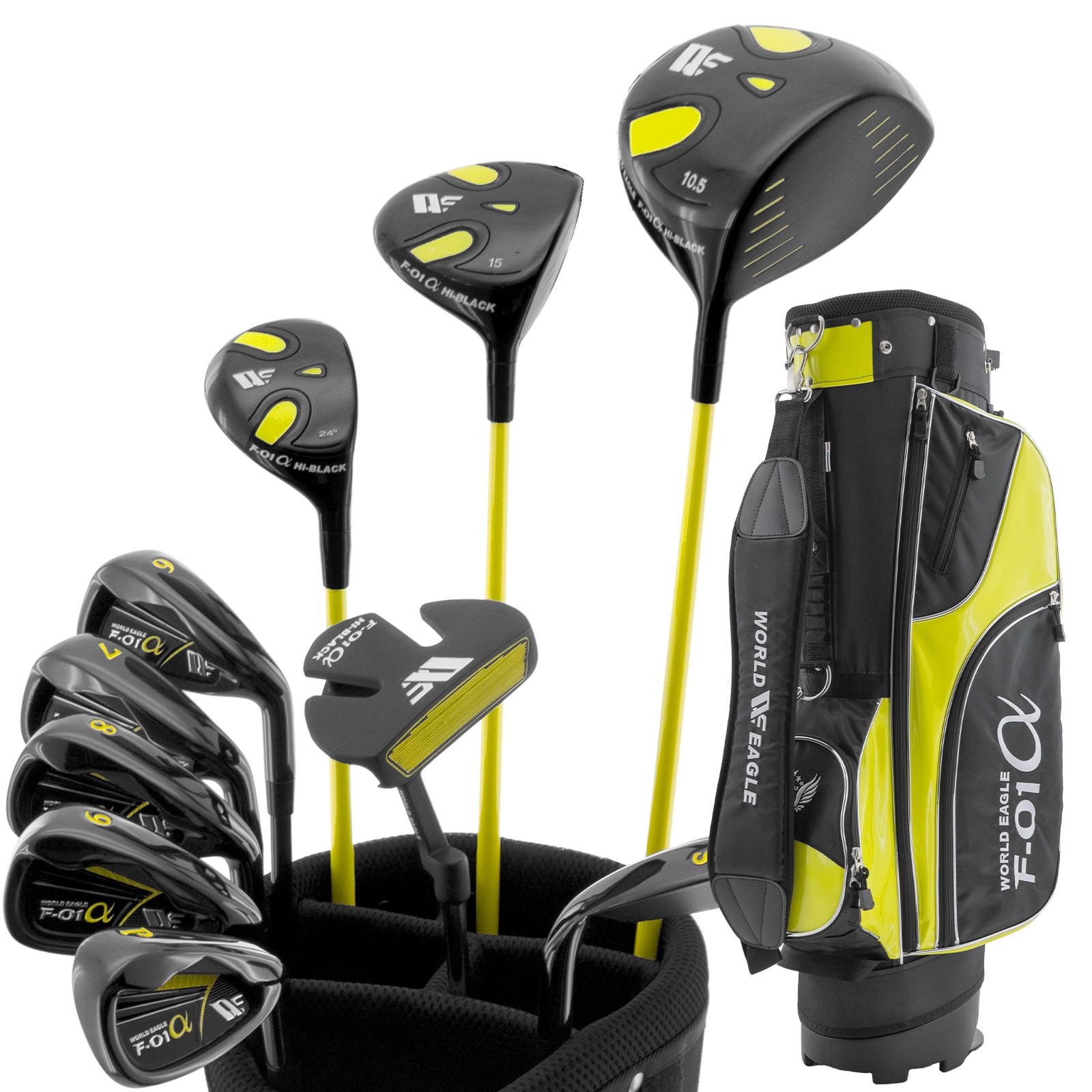 (公式)ワールドイーグル WE-F-01HiBlack メンズ クラブセット 【右利き用】 付属バッグ：F-01α スタンドバッグ ブラックイエロー