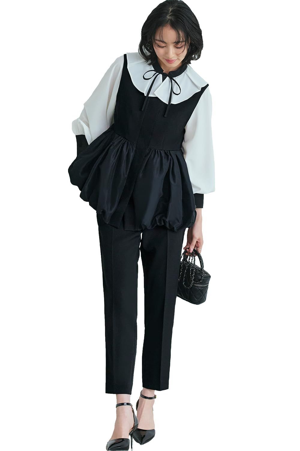 Size L_Color ブラック BL ルイ ルエ ブティック バルーン ペプラム ジレ スリム パンツスーツ パンツ パンツドレス セットアップ スーツ レディース ミセス ママ フォーマル カジュアル シンプル 大きいサイズ 着回し 結婚式 パーテ