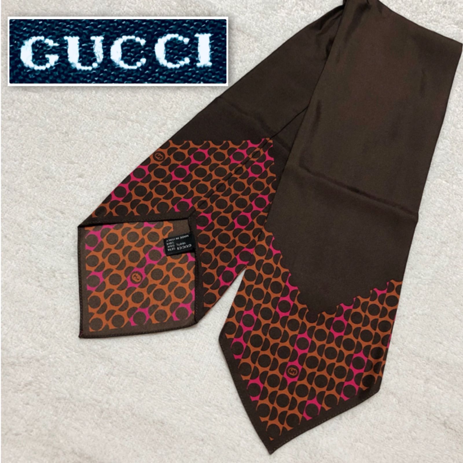 □極美品□GUCCI グッチ シルクスカーフ ネックボウ ツイリー インターロッキングG ブラウン×オレンジ×ピンク イタリア製 レディース タグあり  - メルカリ